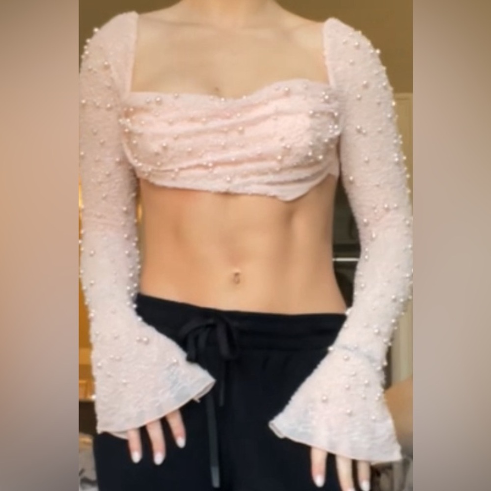 LA DÉSIRADE
Embellished Cowl Neck Crop Top in Blush
